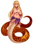  blonde_hair blush bracelet breasts chain choker cleavage earrings highres jewelry kenkou_cross lamia lamia_(monster_girl_encyclopedia) large_breasts long_hair looking_at_viewer midriff monster_girl monster_girl_encyclopedia official_art pointy_ears revision scales slit_pupils snake solo tail yellow_eyes 