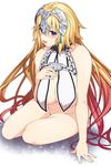  846-gou bangs blonde_hair blush bottomless breasts brown_hair chain eyebrows_visible_through_hair fate/apocrypha fate_(series) gradient_hair hair_between_eyes hand_on_own_chest headpiece highres huge_breasts jeanne_d'arc_(fate) jeanne_d'arc_(fate)_(all) long_hair multicolored_hair parted_lips purple_eyes revealing_clothes simple_background sitting smile solo thighs very_long_hair white_background yokozuwari 