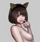  animal_ears bangs black_hairband blunt_bangs bob_cut breasts brown_eyes brown_hair cat_ears closed_mouth fake_animal_ears finger_to_mouth grey_background hairband highres jungon_kim lips medium_breasts nipples nude original red_lips short_hair simple_background smile solo upper_body 