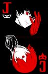  akechi_gorou amamiya_ren bangs black_background black_hair card_(medium) commentary cropped_neck gloves grin hair_between_eyes hand_over_eye highres looking_at_viewer male_focus mask multiple_boys parted_lips persona persona_5 red_eyes red_hair simple_background smile symmetry uncle_skellyman upside-down 