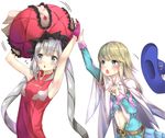  1other absurdres androgynous aqua_eyes armpits bare_shoulders belt blonde_hair blue_hat blush chevalier_d'eon_(fate/grand_order) commentary_request dress fate/grand_order fate_(series) flying_sweatdrops grey_hair hat hat_removed headwear_removed highres large_hat long_hair long_sleeves marie_antoinette_(fate/grand_order) midriff open_mouth ranmaruuuu00 red_hat sleeveless sleeveless_dress sweat twintails upper_body very_long_hair white_background 