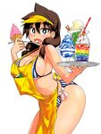  amano_megumi amano_megumi_wa_suki_darake! apron aqua_eyes arched_back bikini breasts bright_pupils brown_hair cleavage cowboy_shot fang food from_side hair_over_shoulder holding holding_food holding_tray ice_cream ice_cream_cone large_breasts long_hair looking_at_viewer nekoguchi non-web_source official_art open_mouth pocket shaved_ice side-tie_bikini simple_background solo spoon star striped striped_bikini swimsuit tray vertical-striped_bikini vertical_stripes visor_cap white_background white_pupils yellow_apron yogurt 