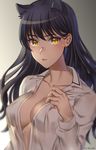  animal_ears artist_name black_hair blake_belladonna breasts cat_ears covered_nipples dress_shirt earrings grey_background highres jewelry kio_rojine long_hair medium_breasts open_clothes open_shirt rwby see-through shirt sketch solo yellow_eyes 