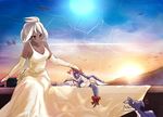  ahoge anger_vein bad_id bad_pixiv_id blush breasts bridal_gauntlets cleavage dark_skin dress elbow_gloves full_moon gloves granblue_fantasy hair_up heart highres large_breasts long_dress mini_dragon moon petting red_eyes shousumi_(ljayxh) smile solo sunset wedding_dress white_dress white_gloves white_hair zooey_(granblue_fantasy) 