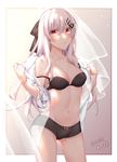  albino arms_up ass_visible_through_thighs bangs bare_shoulders black_bra black_panties black_ribbon blush bra breasts closed_mouth collarbone cowboy_shot dated expressionless eyebrows_visible_through_hair eyes_visible_through_hair girls_frontline gleam hair_between_eyes hair_ornament hair_ribbon hairclip head_tilt highres holding_shirt iws-2000_(girls_frontline) light_particles long_hair looking_at_viewer medium_breasts navel p-mou panties red_eyes ribbon see-through shading shirt sidelocks simple_background solo standing stomach thighs underwear undressing white_hair white_shirt 