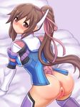  all_fours anus ass bed_sheet blush bottomless brown_eyes brown_hair censored folks_(nabokof) gloves hair_ribbon highres long_hair looking_at_viewer mosaic_censoring pink_ribbon ponytail purple_background purple_legwear pussy ribbon saionji_reimi shiny shiny_skin shirt solo star_ocean star_ocean_the_last_hope thighhighs white_gloves 