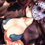  abs bishoujo_terror black_gloves blue_eyes breasts brown_hair cleavage closed_mouth collarbone commentary_request cosplay covered_nipples friday_the_13th genderswap genderswap_(mtf) gloves hair_between_eyes hockey_mask holding jacket jason_voorhees jason_voorhees_(cosplay) kotobukiya_bishoujo large_breasts looking_at_viewer mask original short_hair solo torn_clothes watarui weapon 
