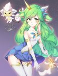  absurdres alternate_breast_size alternate_costume alternate_hair_color alternate_hairstyle animal_ears bil-ajeossi breasts dated elbow_gloves gloves green_eyes green_hair highres horn league_of_legends long_hair looking_at_viewer magical_girl medium_breasts pointy_ears skirt smile solo soraka staff standing star_guardian_soraka thighhighs very_long_hair white_gloves white_legwear 