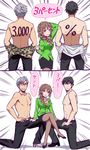  2boys 2koma ayukko_(forest_village) black_hair blouson_chiemi body_writing braid brown_hair comic commentary_request crossed_legs formal hair_over_shoulder high_heels idolmaster idolmaster_cinderella_girls long_hair multiple_boys one_knee pantyhose parody producer_(idolmaster) producer_(idolmaster_cinderella_girls_anime) producer_(idolmaster_cinderella_girls_wild_wind_girl) senkawa_chihiro shirtless silver_hair single_braid sitting sitting_on_person skirt smile suit undressing 