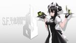  agent_(girls_frontline) arms_up asymmetrical_hair black_gloves black_hair boots bow can commentary_request crossed_legs dinergate_(girls_frontline) double_bun dress expressionless girls_frontline glass gloves hair_between_eyes highres holding holding_plate looking_at_viewer machinery maid maid_headdress npt_(akzkfhsk0503) open_mouth plate sangvis_ferri silver_eyes simple_background single_sidelock solo standing white_bow 