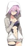  blush breasts commentary cowboy_shot fate/grand_order fate_(series) hair_over_one_eye hand_on_own_chest hood hood_up hoodie large_breasts legband long_sleeves looking_at_viewer mash_kyrielight navel open_clothes open_hoodie parted_lips pink_eyes pink_hair revealing_clothes revision short_hair simple_background solo standing tonee white_background 