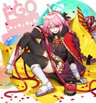  absurdres androgynous astolfo_(fate) black_bow black_legwear boots bow braid candle cape capelet commentary_request crown fang fate/apocrypha fate/grand_order fate_(series) full_body garter_straps gauntlets greetload hair_intakes highres looking_at_viewer male_focus multicolored_hair one_eye_closed otoko_no_ko pink_hair purple_eyes red_ribbon ribbon single_braid sitting streaked_hair thighhighs 
