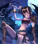  arm_up bandaged_arm bandages bangs belt black_hair blunt_bangs bracelet breastplate brown_eyes collar jewelry landscape looking_at_viewer moon moonlight navel night night_sky oni oni_horns original outdoors over_shoulder pelvic_curtain ryuinu sarashi short_hair short_shorts shorts sky solo sword sword_over_shoulder vambraces warrior weapon weapon_over_shoulder 