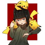  animal animal_on_head animal_on_shoulder bangs blonde_hair blue_eyes commentary emblem fang gen_1_pokemon girls_und_panzer green_jumpsuit helmet highres katyusha long_sleeves looking_at_another military military_uniform on_head open_mouth orihika outside_border pikachu pokemon pokemon_(creature) pokemon_on_head pravda_military_uniform red_background short_hair short_jumpsuit standing uniform upper_body 