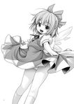  absurdres bangs bare_legs bow cirno dress dress_lift eyebrows_visible_through_hair greyscale hair_bow highres ice ice_wings kneehighs lifted_by_self looking_at_viewer monochrome open_mouth panties pantyshot pantyshot_(standing) puffy_short_sleeves puffy_sleeves ribbon short_hair short_sleeves simple_background smile solo standing tomoki_tomonori touhou underwear wings 