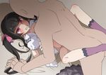  1boy 1girl akaino_(akaomi) bed black_hair blush bottomless missionary red_eyes senki_zesshou_symphogear sex tsukuyomi_shirabe twintails vaginal 