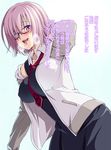  846-gou after_fellatio bangs black-framed_eyewear black_dress blush breasts breath collared_shirt commentary covered_nipples dress fate/grand_order fate_(series) glasses gradient gradient_background hair_over_one_eye half-closed_eyes hood hoodie large_breasts lavender_hair looking_at_viewer mash_kyrielight off_shoulder open_clothes open_hoodie open_mouth purple_eyes purple_hair purple_neckwear saliva shirt short_hair smile solo stray_pubic_hair sweat translated white_shirt 