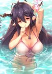  antenna_hair armpits bandages bikini black_hair breasts danua draph front-tie_top granblue_fantasy hair_between_eyes horn_ornament horns jewelry large_breasts long_hair looking_at_viewer necklace partially_submerged pendant pointy_ears red_eyes ryouku side-tie_bikini solo standing swimsuit thigh_gap very_long_hair water 