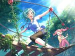  adventure bang_dream! blush green_eyes green_hair hanging_bridge happy hikawa_hina shirt short_hair sky sun 