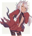  1girl :q breasts chloe_von_einzbern contrapposto cowboy_shot dark_skin fate/kaleid_liner_prisma_illya fate_(series) hair_ornament hair_stick hand_on_hip hand_on_own_chest leaning_forward long_hair looking_at_viewer navel outside_border pink_hair sidelocks simple_background sleeves_past_wrists small_breasts solo thigh_strap tongue tongue_out totatokeke yellow_eyes 