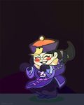  alternate_costume animated animated_gif blush_stickers chinese_clothes closed_eyes dark_background fang glasses happy jackie_lee jiangshi jiangshi_mei jumping low_twintails mei_(overwatch) ofuda overwatch smile solo twintails 