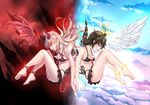  angel_and_devil angel_wings anklet artist_name back-to-back bare_arms bare_legs bare_shoulders barefoot bikini bikini_skirt black_bikini black_ribbon blush braid breasts brown_hair collarbone contrast demon_girl demon_horns demon_tail demon_wings detached_wings eyebrows_visible_through_hair feathered_wings from_side full_body glowing hair_flaps hair_ornament hair_ribbon hairclip halo highres holding_hands horns interlocked_fingers jewelry kantai_collection long_hair medium_breasts multiple_girls navel open_mouth remodel_(kantai_collection) ribbon sailor_bikini sailor_collar shigure_(kantai_collection) side-tie_bikini single_braid smile spiked_anklet spikes swimsuit tail underboob white_wings wings wuhuo yuudachi_(kantai_collection) 