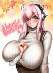  between_breasts blush breasts commentary_request eyebrows_visible_through_hair headphones highres large_breasts long_hair looking_at_viewer nitroplus pink_eyes pink_hair red_eyes ribbed_sweater skirt smile solo super_sonico suspender_skirt suspenders sweater tama_(tamakaka1031) turtleneck turtleneck_sweater upper_body 