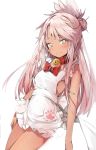  1girl apron bangs bare_arms bare_shoulders bell bell_collar blush bow breasts chloe_von_einzbern closed_mouth collar commentary_request dark_skin eyebrows_visible_through_hair fate/kaleid_liner_prisma_illya fate_(series) frilled_apron frills hair_bun has_bad_revision has_cropped_revision head_tilt highres jingle_bell long_hair looking_at_viewer naked_apron pink_hair red_bow red_collar silver_(chenwen) simple_background small_breasts smile solo very_long_hair white_apron white_background yellow_eyes 