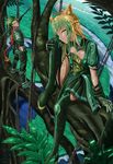  1girl achilles_(fate) animal_ears armor atalanta_(fate) blonde_hair cat_ears fate/apocrypha fate_(series) green_eyes green_hair highres holding holding_weapon mukade_(siieregannsu) multicolored_hair one_eye_closed polearm smile spear thighhighs two-tone_hair weapon 