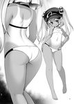  ass back bangs bikini breasts closed_mouth contrapposto from_side full_body greyscale hair_bobbles hair_ornament halter_top halterneck hat highres kawashiro_nitori long_hair looking_at_viewer monochrome multiple_views navel one-piece_tan page_number small_breasts smile standing stomach swimsuit tan tanline tomoki_tomonori touhou two_side_up 