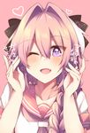  ;d astolfo_(fate) blush braid collarbone commentary_request eyebrows_visible_through_hair eyelashes fang fate/apocrypha fate/grand_order fate_(series) fingernails hair_between_eyes hair_intakes hair_over_shoulder hands_up heart heart-shaped_pupils kaenuco long_hair male_focus multicolored multicolored_hair multicolored_nails nail_polish neckerchief one_eye_closed open_mouth otoko_no_ko pink_background pink_hair pink_neckwear school_uniform serafuku shirt short_sleeves simple_background single_braid smile solo streaked_hair symbol-shaped_pupils translation_request upper_body white_hair white_shirt 