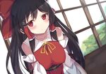  absurdres bangs black_hair bow breasts commentary_request day detached_sleeves hair_bow hair_tubes hakurei_reimu highres indoors kogalashi large_breasts leaning_forward long_hair looking_at_viewer red_bow red_eyes red_ribbon ribbon sash solo touhou yellow_ribbon 
