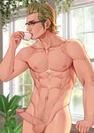  1boy blonde_hair cum erection final_fantasy final_fantasy_xv glasses ignis_scientia male_focus maorenc muscle nipples nude penis pubic_hair testicles 