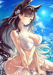  animal_ears arm_support atago_(azur_lane) azur_lane bangs bikini black_hair blush breasts brown_eyes cleavage closed_mouth cloud collarbone commentary_request day extra_ears hair_ornament halter_top halterneck highres large_breasts long_hair looking_at_viewer mole mole_under_eye navel ocean outdoors perky_breasts sarong shouma_(bravespiritya) sitting skindentation sky smile solo strap_gap sun swimsuit tareme thighs water_drop white_bikini 