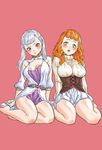  2girls black_clover blush breasts cleavage large_breasts legs looking_at_viewer mimosa_vermilion multiple_girls noelle_silva open_mouth orange_hair silver_hair simple_background sitting twintails 