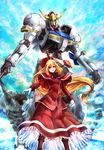  black_ribbon blonde_hair capelet dress floating_hair from_below gloves gundam gundam_barbatos gundam_tekketsu_no_orphans highres kudelia_aina_bernstein long_hair looking_at_viewer mecha neck_ribbon purple_eyes red_dress ribbon signo_aaa solo standing very_long_hair white_gloves 