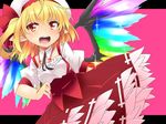  adapted_costume ascot bangs blonde_hair blush bow breasts collarbone detached_collar fang flandre_scarlet frilled_shirt frills hat hat_bow hemogurobin_a1c looking_at_viewer medium_hair open_mouth pointy_ears puffy_short_sleeves puffy_sleeves red_bow red_eyes red_skirt shirt short_sleeves side_ponytail simple_background skirt small_breasts smile standing teeth touhou white_shirt wings 