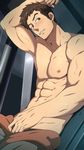  1boy blush brown_eyes brown_hair earings gundam gundam_tekketsu_no_orphans male_focus mazjojo muscle nipples norba_shino pecs sweat 