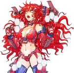  backpack bag breasts cleavage clenched_hands electricity glowing glowing_eyes hmage honeycomb_(pattern) large_breasts long_hair mecha_musume monarch_(titanfall_2) open_mouth personification red_eyes red_hair rocket_launcher stomach thighhighs titanfall titanfall_2 transparent_background weapon 