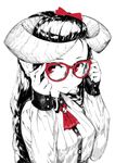  adjusting_eyewear animal_ears ascot blurry buttons closed_mouth collared_shirt depth_of_field glasses hair_ribbon highres horned_girl_(jaco) horns jaco long_hair long_sleeves looking_at_viewer monochrome original red-framed_eyewear red_eyes red_neckwear red_ribbon ribbon sash shirt simple_background solo spot_color white_background 