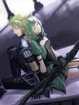  1girl achilles_(fate) animal_ears armor atalanta_(fate) back-to-back blonde_hair bow_(weapon) cat_ears closed_eyes fate/apocrypha fate_(series) green_hair highres holding holding_weapon mukade_(siieregannsu) multicolored_hair sitting thighhighs two-tone_hair weapon yellow_eyes 