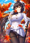  autumn autumn_leaves azur_lane black_hair black_legwear bow breasts commentary_request day hair_bow large_breasts long_hair looking_at_viewer military military_uniform miniskirt orange_eyes outdoors panties panties_under_pantyhose pantyhose pensuke pleated_skirt ponytail skirt smile solo takao_(azur_lane) thigh_gap thighband_pantyhose underwear uniform very_long_hair white_bow 