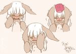  animal_ears crying ear_tug floating_hand furry made_in_abyss nanachi_(made_in_abyss) petting short_hair_with_long_locks simple_background white_hair yama_gan yellow_eyes 