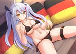  :q ahoge azur_lane bangs bikini black_bikini black_bow blush bow breasts brown_eyes closed_mouth collarbone commentary couch dutch_angle eyebrows_visible_through_hair flag_print german_flag german_flag_bikini grey_hair hair_bow highlights highres kazenokaze large_breasts long_hair looking_at_viewer md5_mismatch middle_finger multicolored_hair navel on_couch pillow prinz_eugen_(azur_lane) red_hair side-tie_bikini sidelocks sitting smile solo spread_legs swimsuit thighs tongue tongue_out two_side_up underboob untied untied_bikini 