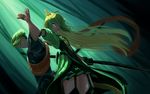  1girl achilles_(fate) ahoge animal_ears armor atalanta_(fate) blonde_hair bow_(weapon) cat_ears fate/apocrypha fate_(series) green_eyes green_hair highres holding holding_weapon mukade_(siieregannsu) multicolored_hair polearm spear thighhighs two-tone_hair weapon yellow_eyes 