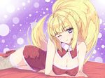  ;) aramachi blonde_hair blue_eyes breasts choker cleavage crossed_arms dress eyebrows_visible_through_hair fishnet_legwear fishnets floating_hair gundam gundam_tekketsu_no_orphans head_tilt high_ponytail kudelia_aina_bernstein large_breasts long_hair looking_at_viewer lying on_side one_eye_closed red_dress red_footwear santa_costume short_dress sleeveless sleeveless_dress smile solo strapless strapless_dress thighhighs very_long_hair 