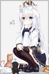  :&lt; animal animal_ears animal_on_head animal_on_lap black_cat black_footwear black_legwear blue_eyes blue_skirt blush border cat cat_ears cat_tail closed_mouth commentary_request eyebrows_visible_through_hair grey_background grey_border hair_between_eyes hair_ornament hairpin hat hat_removed headwear_removed hibiki_(kantai_collection) highres kantai_collection loafers long_hair long_sleeves looking_at_viewer niruanu_(nitayam) on_head playing_with_own_hair pleated_skirt school_uniform serafuku shirt shoes silver_hair simple_background skirt solo squatting tail tareme thighhighs verniy_(kantai_collection) very_long_hair white_hat white_shirt zettai_ryouiki 