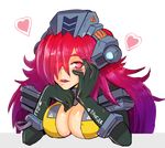  armor blush bodysuit breasts cleavage gloves gradient_hair heart helmet hmage ion_(titanfall_2) large_breasts long_hair looking_at_viewer mecha_musume multicolored_hair personification purple_hair red_eyes red_hair titanfall titanfall_2 yandere_trance 