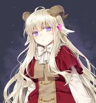  ahoge animal_ears bangs blonde_hair bow bowtie breasts capelet coat frown gem highres horn_ornament horns kuronohana long_hair long_sleeves original purple_eyes small_breasts solo very_long_hair white_neckwear 