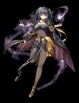  &gt;:) bangs black_background black_hair bodysuit book bracelet breasts bridal_gauntlets cape cleavage commentary_request fire_emblem fire_emblem:_kakusei fire_emblem_heroes full_body hair_ornament highres jewelry kaorihero long_hair looking_at_viewer medium_breasts open_book parted_lips pelvic_curtain purple_eyes simple_background smile solo tharja tiara two_side_up v-shaped_eyebrows 